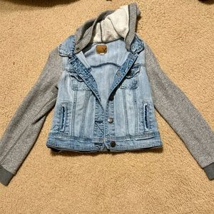 American Eagle denim jacket with sweater sleeves/hood, size S